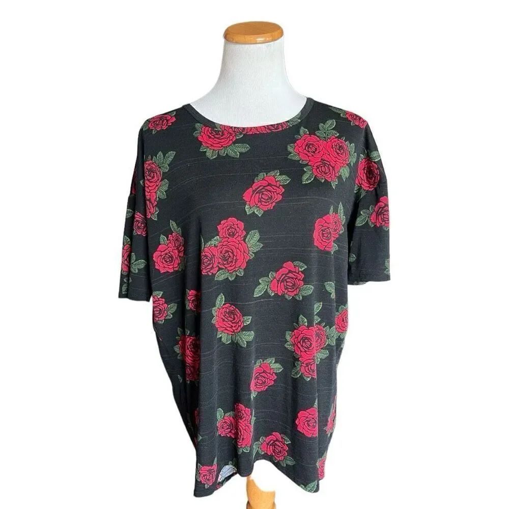 Womens LuLaRoe Selena Rose Print Black Irma Tunic Top - Sz S
